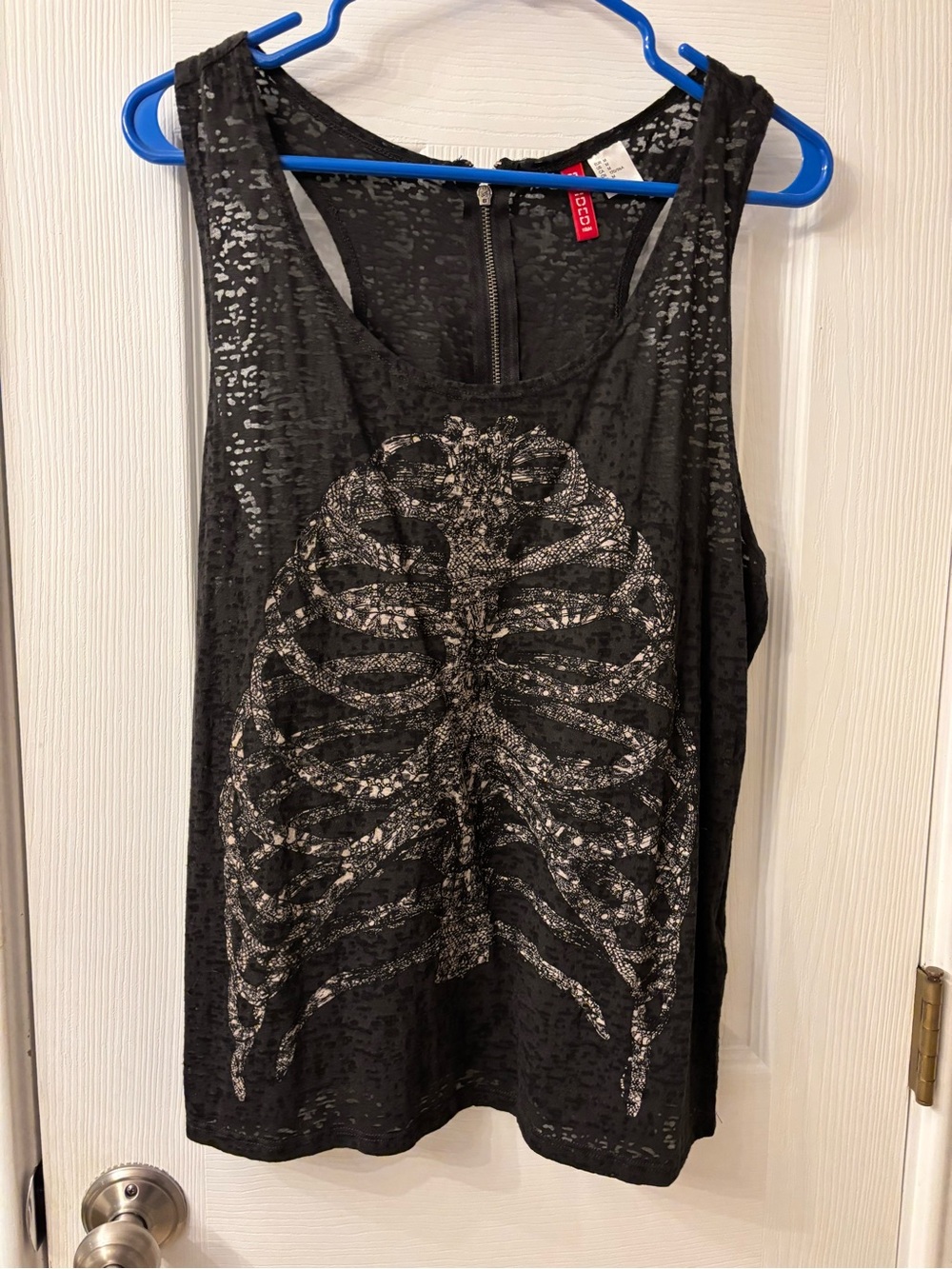 Divided Black Burnout Tank with Silver Ribcage Graphic